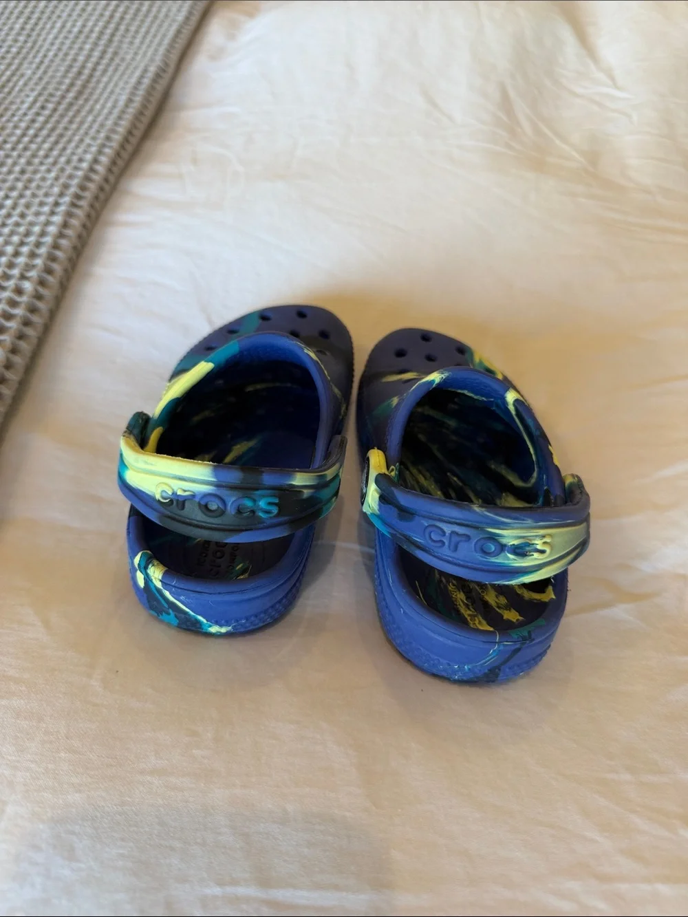 CROCS Kids Navy Clogs with Neon Yellow & Teal Splash
